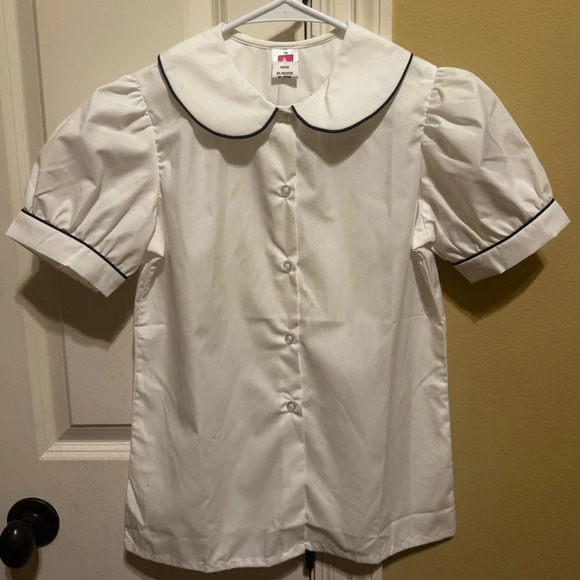 A+ White Peter Pan School Uniform Blouse Navy Blue Piping Short Sleeve S… - Picture 3 of 11
